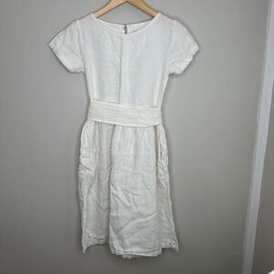 Simply Grey White Linen Blend Dress Belted Pockets Casual Summer‎ Womens XS